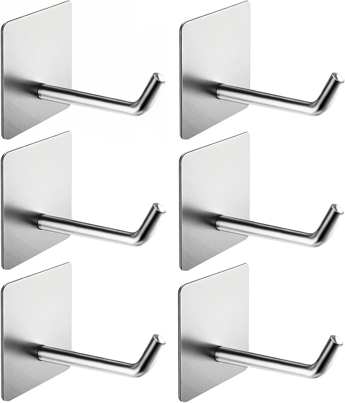 Hawsam 6 Pack Self Adhesive Wall Hooks for Hanging Heavy Duty 44LB/20kg(Max) Adhesive Towel Hooks for Bathroom Silver Towel Robe Coat Hook 304 Stainless Steel Sticky Hooks for Hanging Shaver,Hat
