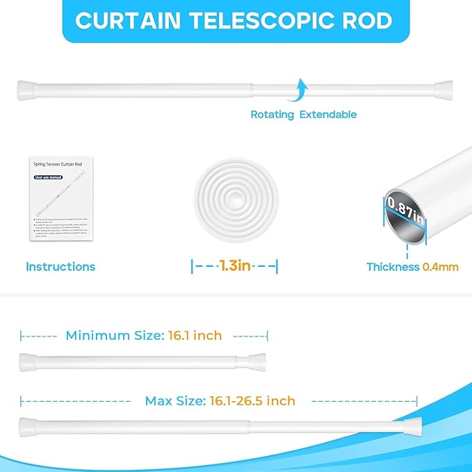 White Small Tension Curtain Rod 16-26 Inch,7/8" inch Adjustable Short Curtain Rod No Drilling,Spring Curtain Rod for Windows Kitchen Closet Doorway
