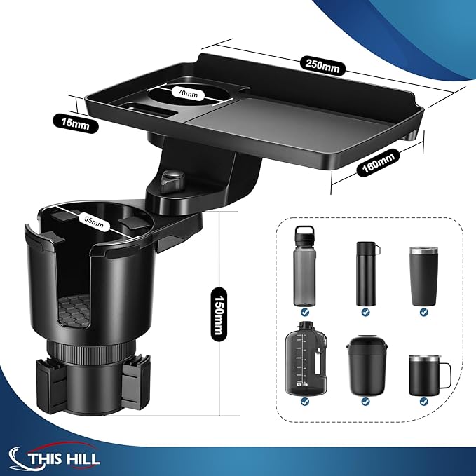 This Hill 2 Pack Cup Holder Tray for Car, 2 in 1 Detachable Car Food Table Tray with 3.93" Base & Phone Slot,Car Cup Holder Expander with 360°Rotation Tray for Travel Road Essentials Accessories