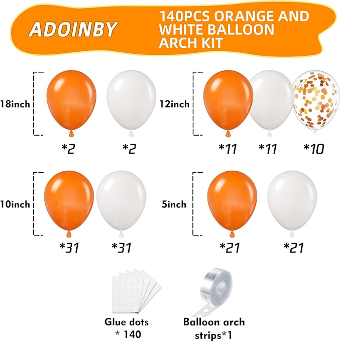Orange and White Balloon Arch Kit, ADOINBY 140Pcs White and Orange Balloons Confetti Balloon 18 12 10 5 Inch Different Size Balloons for Baby Shower Halloween Birthday Anniversary Party Decoration