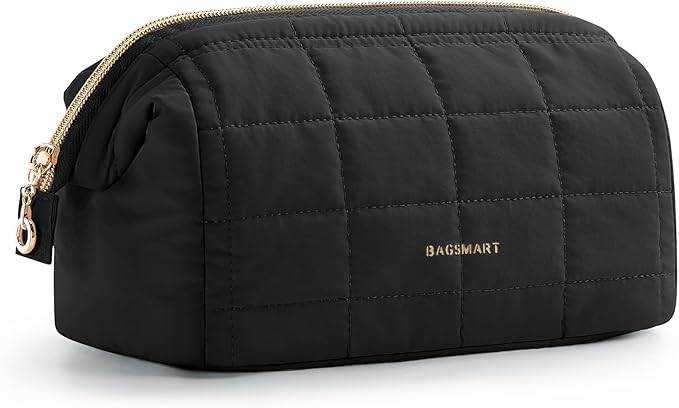 BAGSMART Makeup Bag Travel Toiletry Bag, Puffy Padded Makeup Bags for Women Makeup Organizer Case, Wide-open Pouch Purse Travel Essentials Toiletries Accessories Brushes, Black