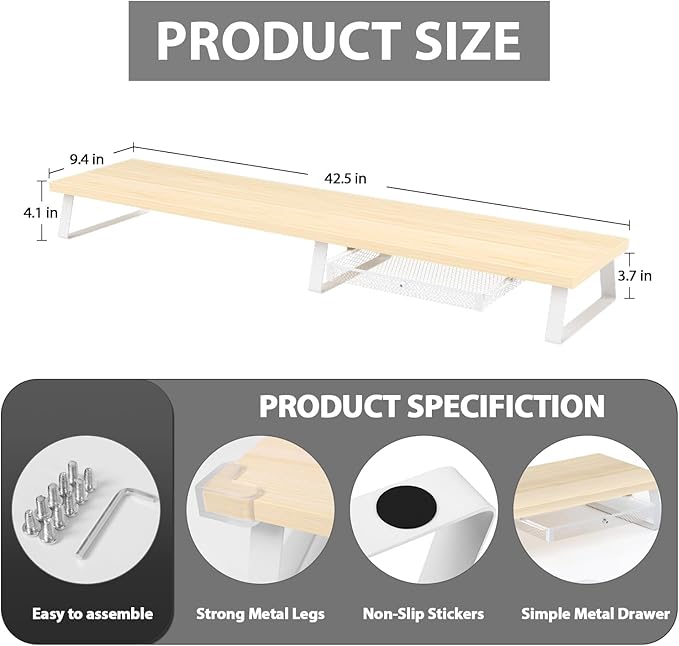 Aothia Dual Monitor Stand Riser - Monitor Stand with Drawer, Monitor Stand for 2 Monitors, Desk Shelf for Monitor with Metal Legs, Wood Monitor Stand with Storage Organizer for PC, Laptop, Screen (Oak)