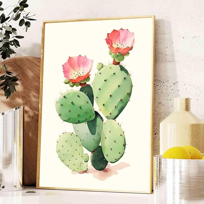 Cactus Flower Poster Western Desert Wall Art Pink Flower Painting Watercolor Flowers Picture Botanical Floral Prints Mexican Desert Art Abstract Cactus Canvas Living Room Decor 16x24inch No Frame