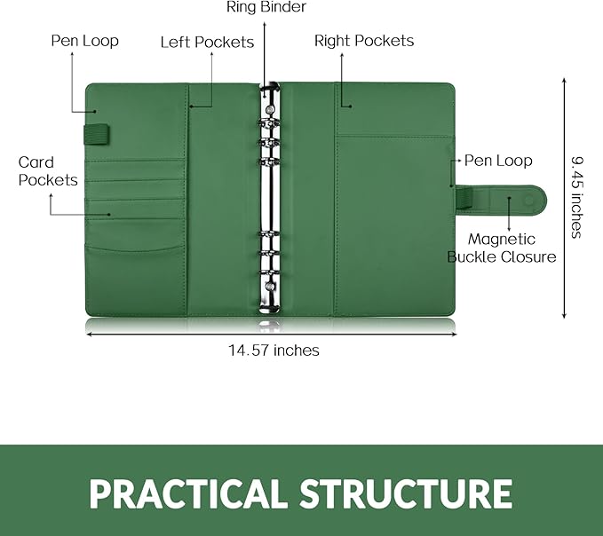 Sooez A5 Notebook Photocard Binder, 6 Budget Binder Ring Planner with Stylish Design, Loose Leaf Personal Organizer Binder Cover with Magnetic Buckle, Macaron PU Leather Binders(Dark Green)