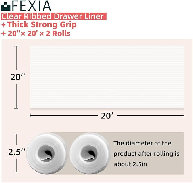 FEXIA 2 Rolls Shelf Liners for Kitchen Cabinets Non-Slip Drawer Liner 20 Inches x 20 FT Waterproof & Oil-Proof Non Adhesive Durable Material Fridge Liner for Shelves