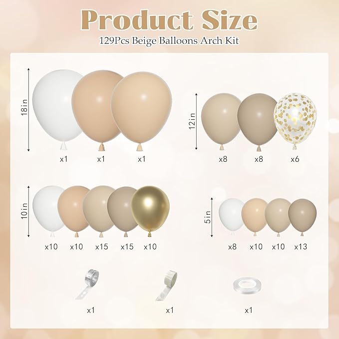 Ouddy Party White Sand Gold Balloon Arch Garland Kit, Different Sizes 18 12 10 5 Inch Beige Nude Cream Neutral Latex Metallic Confetti Balloon for Baby Shower Wedding Birthday Party Decorations