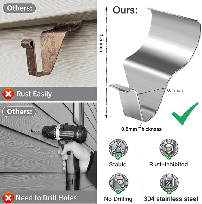 Vinyl Siding Hooks, 10 Pcs New Heavy Duty Stainless Steel Siding Hooks No Hole Vinyl Siding Clips, Multifunctional Outdoor Hook Hangers for Hanging Doorplates Wreaths and Holiday Decorations