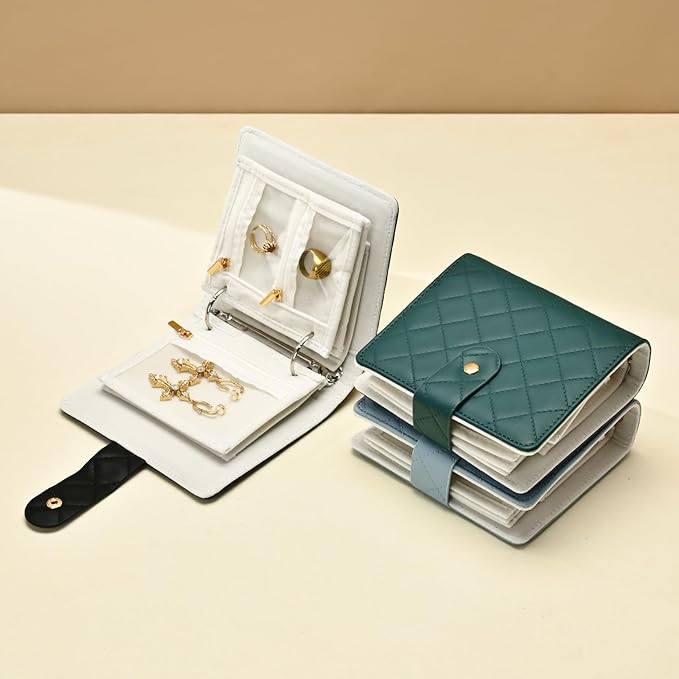 Oirlv Mini Travel Jewelry Organizer Case Portable Jewelry Book with Velvet Pouches for Jewelry Travel Essentials (Blue-Green)