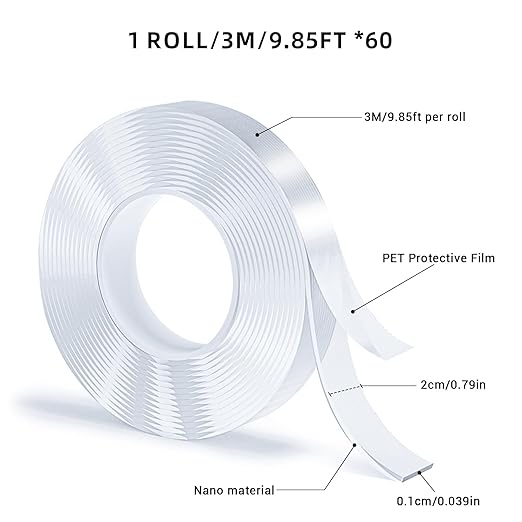 Double Sided Tape, Nano Tape, Transparent Adhesive Tape, Traceless Adhesive Tape, Removable, Washable, Reusable, Suitable for Carpets, Photo Walls, 3m Per Roll, 60 Rolls