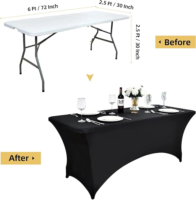 ZarzaaSik 6-Pack 6ft Black Spandex Table Covers for Rectangle Standard Folding Tables - Wrinkle Resistant Stretch Tablecloths - Ultimate Fitted Table Protector for Parties, Trade Shows, Wedding