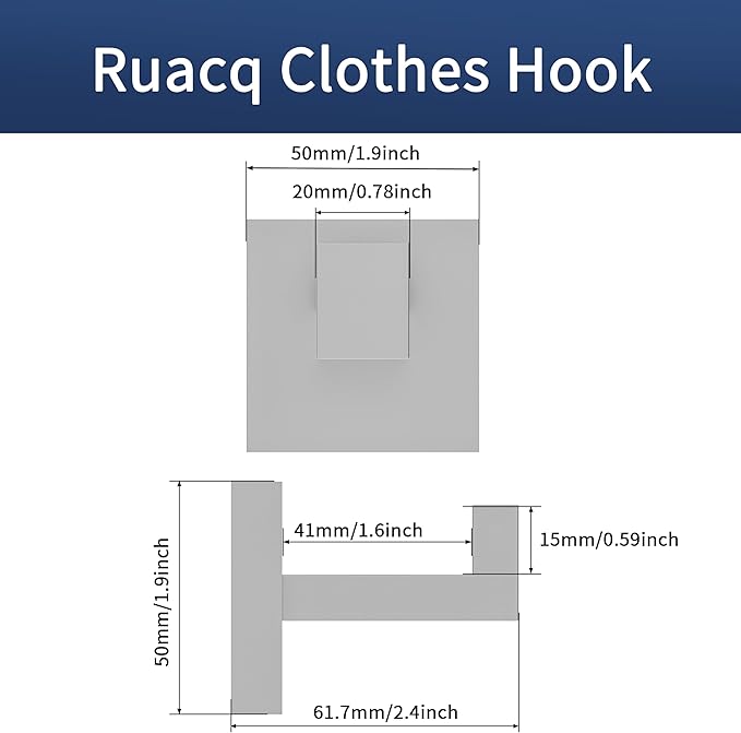Ruacq Towel Hooks for Bathrooms, Heavy Duty Stainless Steel Square Bathroom Hooks, Wall Mounted Towel Hanger for Robe & Coat, Ideal for Kitchen, Bedroom, and Hotel Use(Brushed Nickel, 2 Pack)
