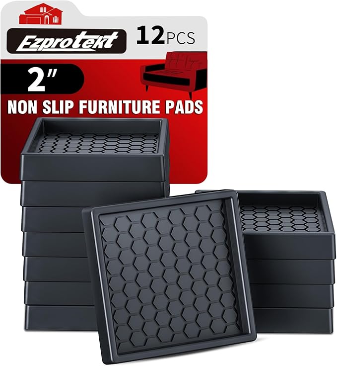 Ezprotekt Non Slip Furniture Pads, 12 Pcs 2" Anti Slip Rubber Caster Cups, Anti Skid Furniture Coasters for Hardwood Floors, No Slide Furniture Gripper, Furniture Stoppers to Prevent Sliding (Black)
