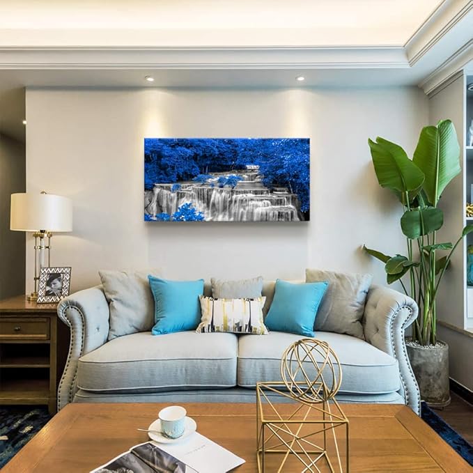 Yxbhhym Large Waterfall Wall Art - Black and White Decor, Blue Trees Scenery Canvas Prints - Landscape Wall Decor, Forest Paintings for Bedroom and Living Room - Framed - 24x48inch