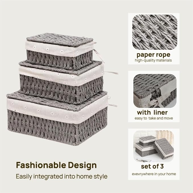3PCS Wicker Basket with Lid Paper Rope Storage Baskets for Shelf Baskets Storage Bins with Lid and Removable Liner Makeup Bathroom Closet Drawer Desk Organizer Shelf Baskets (Grey)