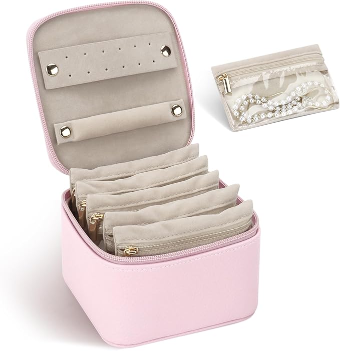 DesignSter Small Jewelry Box, Travel Small Jewelry Organizer with Earring Tray and Ring Holder, Square Travel Jewelry Storage Case with 6 Velvet Jewelry Pouches, Pink