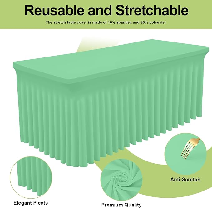 Smiry Spandex Tablecloth 2 Pack, Elastic Fitted Stretch Tablecloth for 6FT Rectangle Tables, Waterproof Washable Table Cover Skirt for Wedding, Banquet & Parties (Bright Green, 72Lx30Wx30H Inch)
