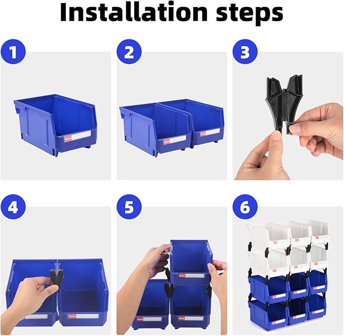 Shineyaplus Stackable Storage Bins 12 Pack (7x5x4 Inch), Plastic Stackable Storage Organizer Bins Wall Mounted Hanging Small Parts Bin for Garage, Workbench & Office (Blue & White)