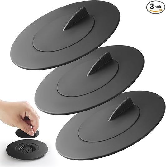 Bathtub Stopper,3pcs 2-in-1 Bathtub Drain Hair Catcher,Silicone Kitchen Bathroom Shower Water Strainer Protectors,Universal Flat Suction Shower Drain Cover,Washbasin Drain Stopper (Black)