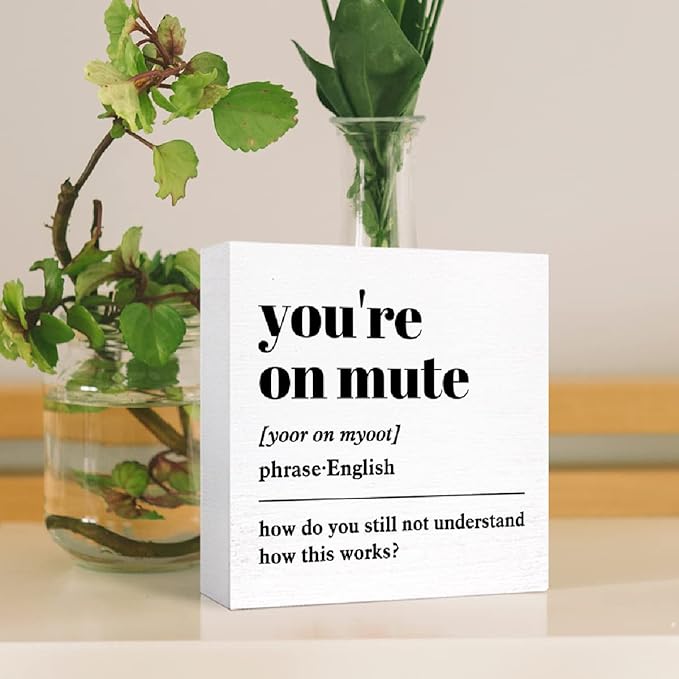 Funny Office Wood Box Sign You're On Mute Definition Wooden Block Sign Humorous Office Desk Décor for Home Office Cubicle Table Décor,Office Gift for Friend Coworker Employee
