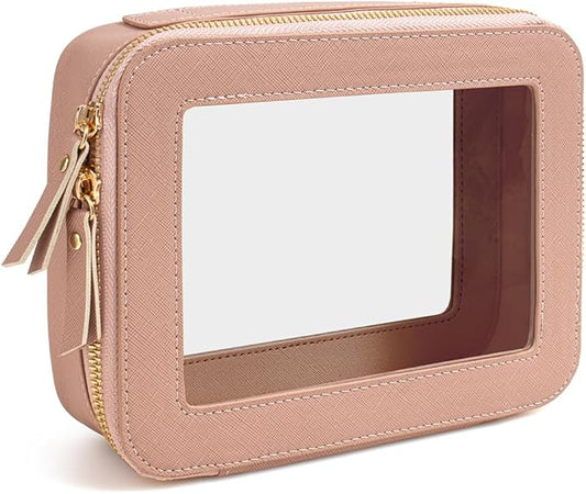 Clear Makeup Bag, Travel Cosmetic Organizer Case Waterproof Skincare Toiletry Bag with Zipper Portable Make Up Pouch Compact Car Organizer Bag for Essentials (Large Dark Pink)