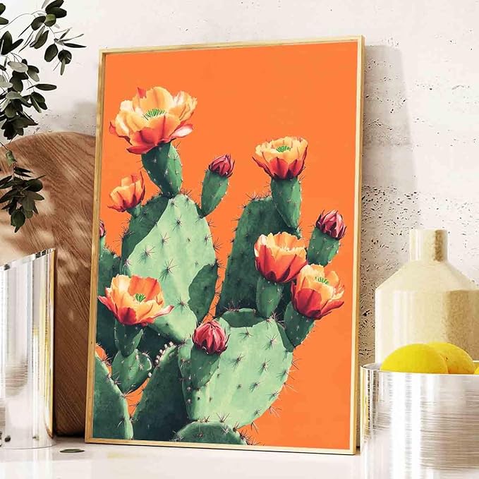 Vintage Cactus Posters Tropical Plants Wall Art Pink Floral Painting Floral Aesthetic Prints Western Desert Print Desert Botanical Prints orange and green flower wall art room decor 16x24inch no frame