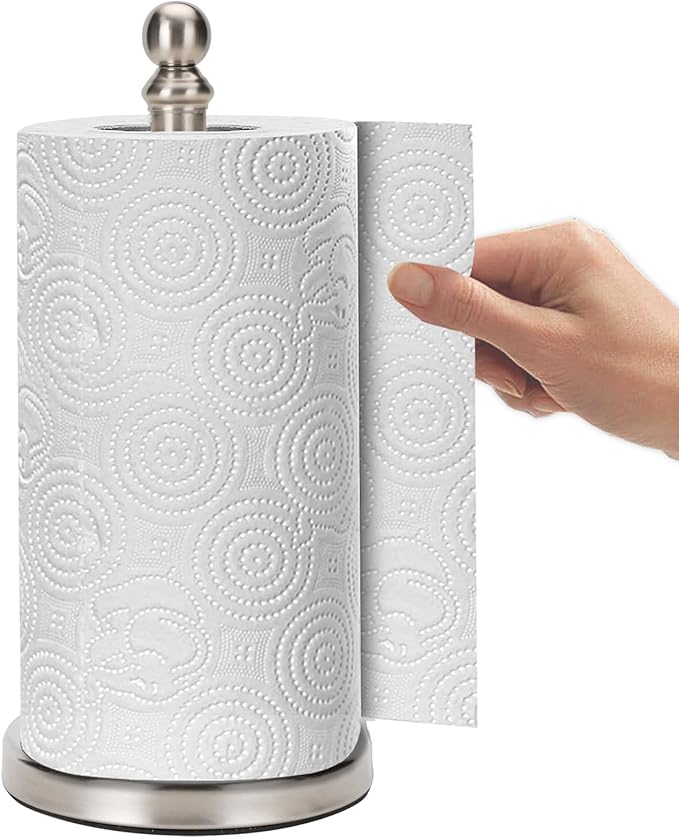 Fatizon Paper Towel Holder Stand, Sturdy Standing Paper Towel Holder Countertop, Paper Towel Roll Holder for Kitchen (Brushed Nickel)
