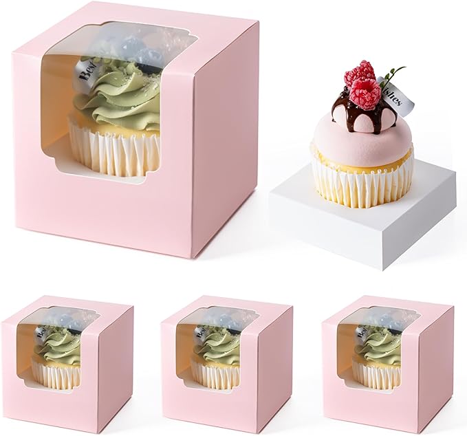 Hoewina 28PCS Cupcake Boxes, Individual Cupcake Containers with Window, Food Grade Cupcake Holders Carrier with Inserts, Stackable Deep Cake Box for Birthday Holiday Party Bakery Supplies (Pink)