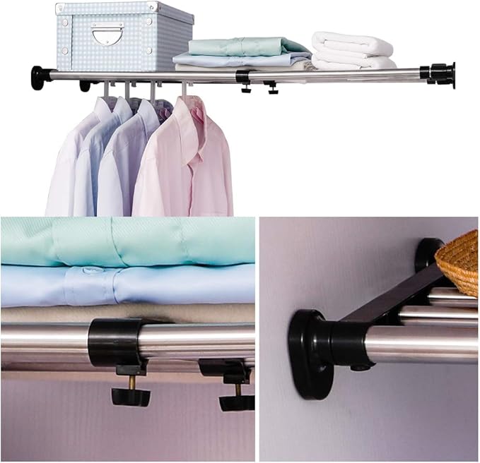 BAOYOUNI Expandable Closet Shelf Tension Rod Clothes Hanger Storage Rack Adjustable DIY Shelving Unit Cabinet Kitchen Bathroom Divider Separator Organizer, Black