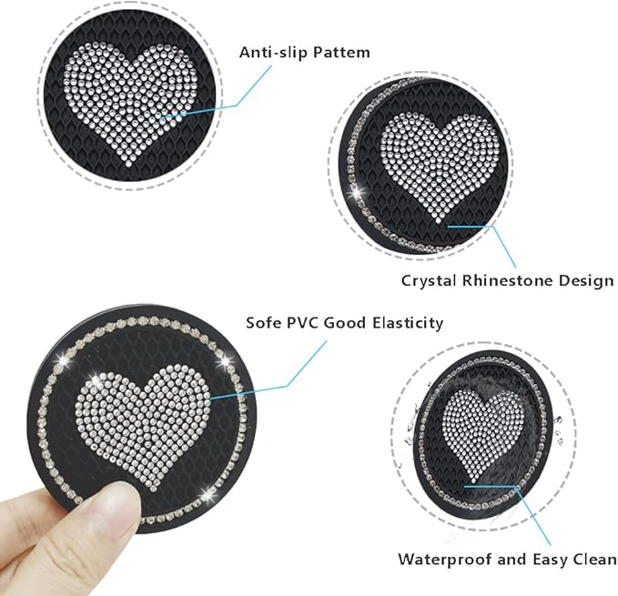 Car Coasters for Cup Holders, 2.75 Inch Auto Cup Holder Insert Coasters Silicone Anti-Slip Crystal Rhinestone Cute Drink Car Cup Mat, 4PSC Bling Car Accessories for Women & Lady (Heart Black)