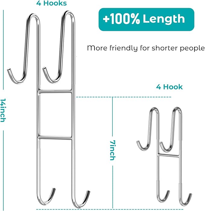 Cerbonny Shower Door Hooks (14 Inch), 2 Pack Super Extended Towel Hooks for Bathroom, Over Door Hooks, Shower Hooks for Frameless Glass Door, Silver