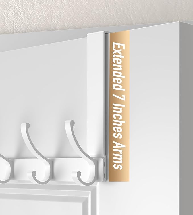 KitchLife Over The Door Hooks Hanger with 7 inches Extended Arms, Fits 1-3/4" Doors, F18U, Bathroom Towel Rack Organization, Thickened 6-Double Hook, Glossy White