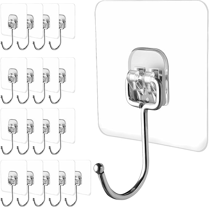 Large Adhesive Hooks, 18 Pack Hold 44lb(Max) Heavy-Duty Sticky Hooks,Waterproof & Rustproof Wall Hook for Hanging Can be Use Kitchen Bathroom Outdoor Ceiling Office, Transparent