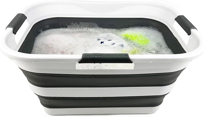 SAMMART 30L (8 gallons) Collapsible Plastic Laundry Washing Tub/Basket - Portable Laundry Hamper/Storage Container Foldable Laundry Basket - Space Saving (White/Steel Grey)