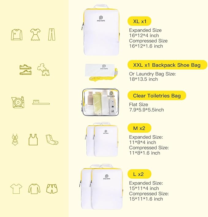 PFEYRPK Lightweight Compression Packing Cubes for Suitcases, Compressible Expandable Travel Packing Organizer with Clear Toiletries and Backpack Bag, Travel Essentials for Carry-on Luggage, 7 Set