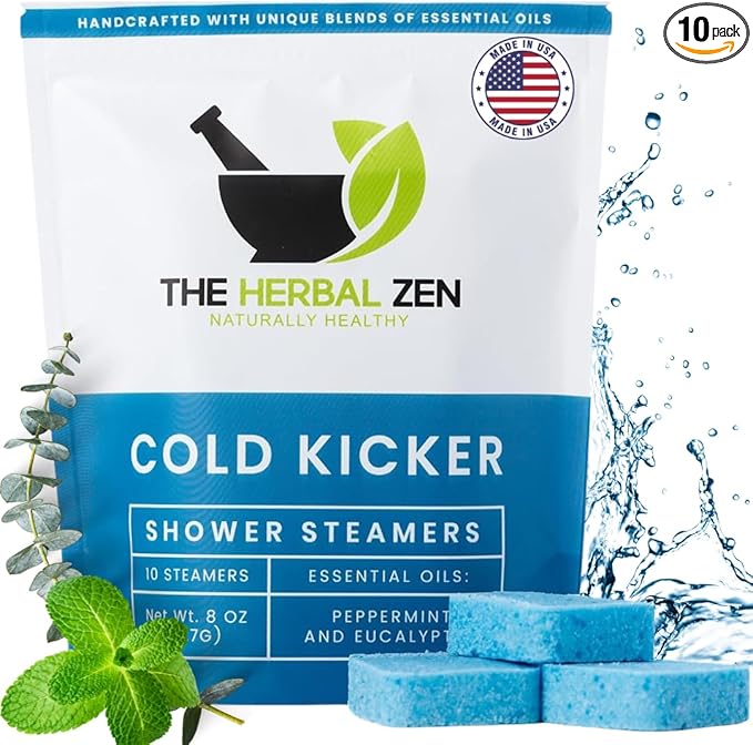 Cold Kicker Shower Steamers Aromatherapy for Sinus Relief - USA Made - Peppermint & Eucalyptus Shower Bomb Tablets – Self Care Gifts for Women and Men – Soothing Natural Essential Oils (10 Pack)