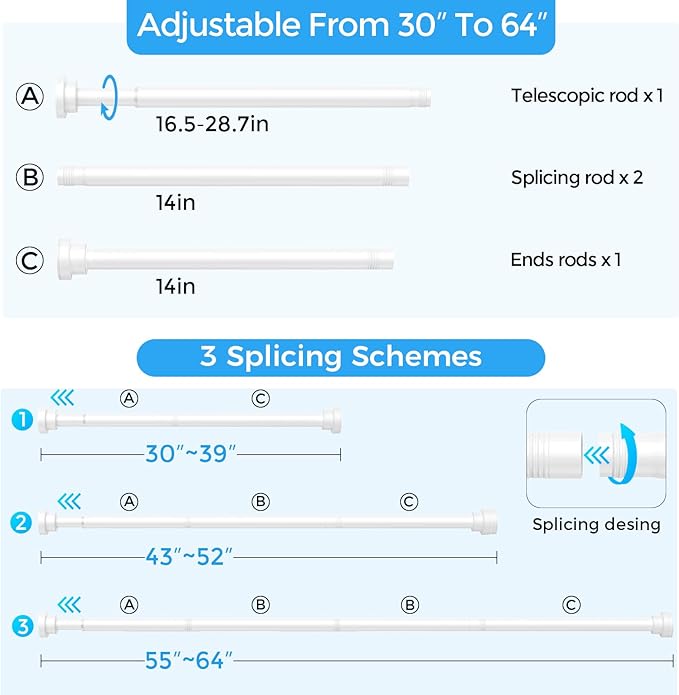 Shower Curtain Rod 31-63 Inch,0.87"Diameter Adjustable Spring Tension Curtain Rods No Drill,Ivory White Shower Tension Rod for Bathroom,Room Divider,Window,Anti-Rust Non-Slip 2-Pack