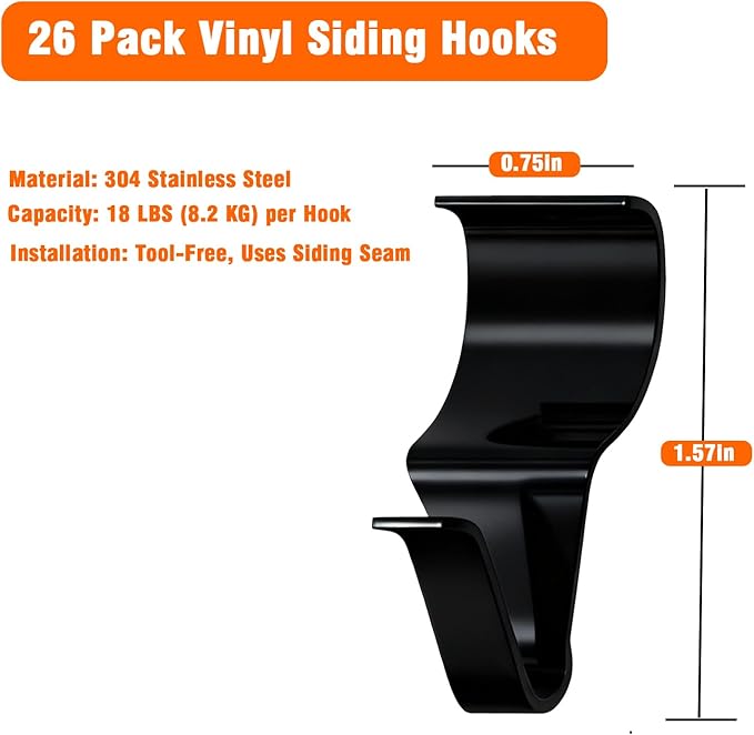 26 Pcs Vinyl Siding Hooks, Stainless Steel No-Hole Hangers for Hanging Wreaths & Outdoor Decor, Low Profile Siding Clips, Easy Installation, No Tools Needed (26, Black)