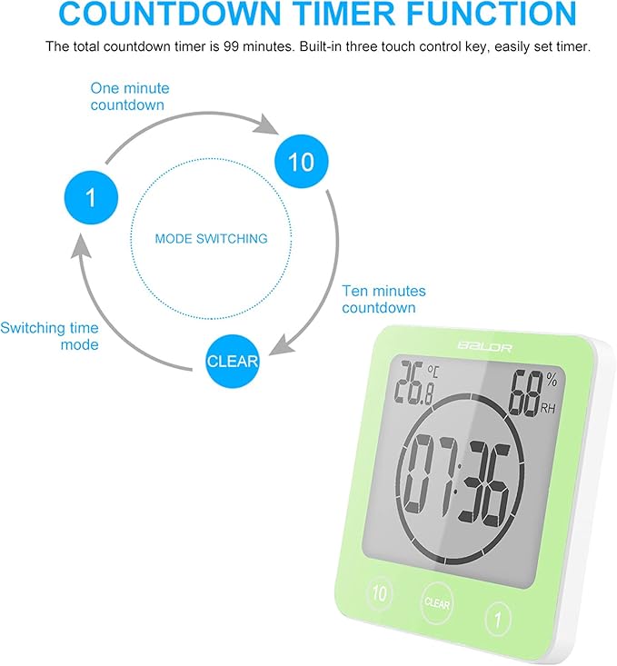 Digital Bathroom Shower Wall Clock Timer, LCD Digital Wall Clock with Suction Waterproof Temperature Humidity Gauge, Touch Screen Timer, Large Countdown Visual Timer Hanging Wall Clock (Green)