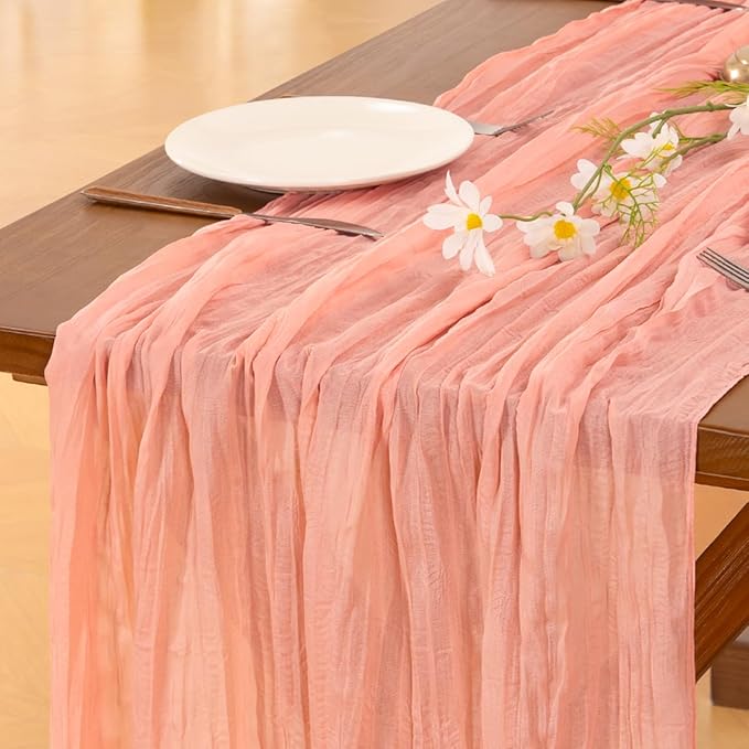 Socomi 2pcs Coral Peach Summer Cheesecloth Table Runner Boho Rustic Gauze 120 inch 10FT Cheese Cloth Sheer Runner for Wedding Party Baby Shower Birthday Home Decor Holiday Decorations