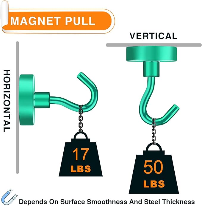 MIKEDE Magnetic Hooks, 50Lbs+ Heavy Duty Magnet Hooks for Cruise Cabins, Super Neodymium Hanging Hooks Strong Magnets with Hook for Fridge, Magnetic Hanger for Grill, Toolbox, Storage(Green, 4 Pack)