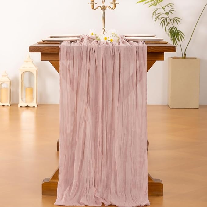 Socomi 3pcs Pink Cheesecloth Table Runner Summer Boho Rustic Gauze Dusty Pink Farmhouse 120 inch 10FT Cheese Cloth Sheer Runner for Wedding Party Baby Shower Birthday Home Decor