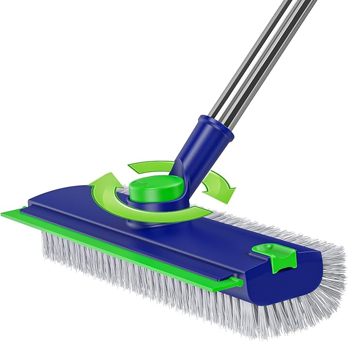EHADOO Floor Scrub Brush with Long Handle: 3 in 1 Heavy-Duty Floor Scrubber Brush with Squeegee for Cleaning Tile Bathroom Deck Kitchen Patio
