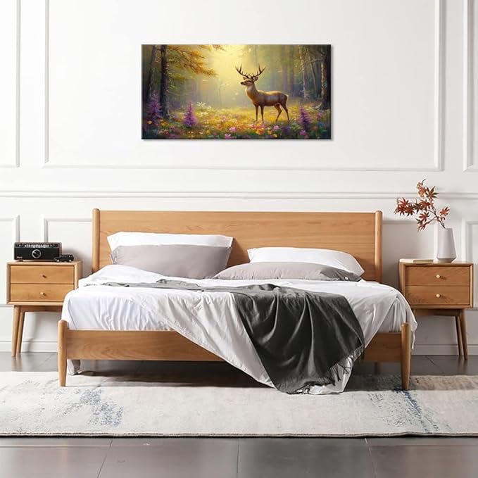 ZESTRILIA Pretty Deer Forest Wall Art for Living Room Office Gold Mustard Yellow Wildlife Wildflower Canvas Painting Prints Spring Wild Life Artwork Girls Bedroom Decor (30x16 Inches)