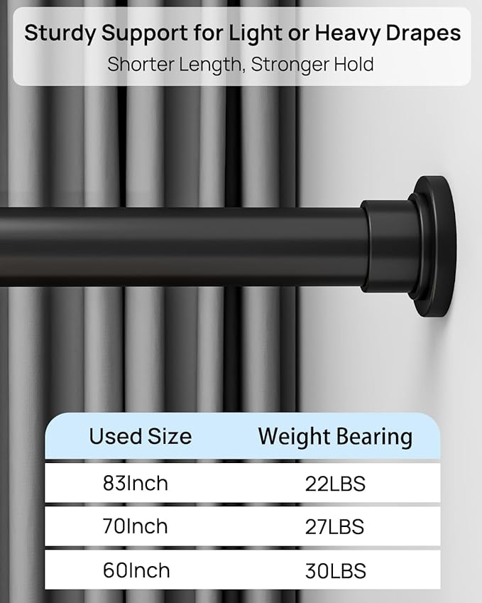 ALLZONE Heavy Duty Tension Shower Curtain Rod 42-83 Inches for Bathroom, Window, Non-Slip, Adjustable with Strong Spring Pole for Closet, Doorway, No Rust, No Drilling, Black
