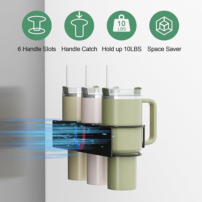 Magnetic Cup Holder for Fridge, Aufworld Tumbler Organizer with 8-Hook Rack, Fits 20/30/40 oz Stanley Cups, Accessory Storage with Lid & Straw Holder, Water Bottle Organizer for Kitchen Refrigerator