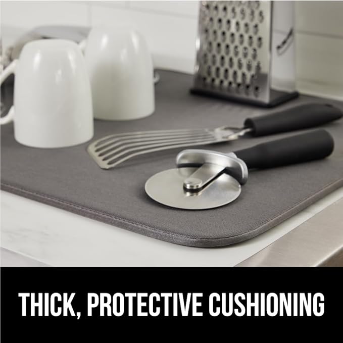 GORILLA GRIP Ultra Water Absorbent Microfiber Dish Drying Mat, 18x32, Quick Dry Thick Mesh, Slip Resistant Pad for Sink Dishes or Under Rack, Kitchen Counter Accessories, Machine Wash Mats, Gray
