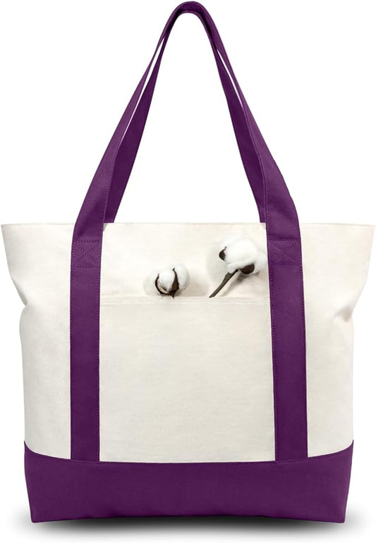 TOPDesign 3-Pack Canvas Tote Bags with an External Pocket, Reusable Grocery Shopping Bags, Top Zipper Closure, Daily Essentials (Purple/Natural)