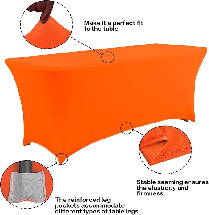 IVAPUPU 2 Pack 4FT Table Cloth for Rectangular Fitted Events Stretch Orange Table Covers Washable Cover Spandex Tablecloth Protector for Party, Wedding, Cocktail, Banquet, Festival