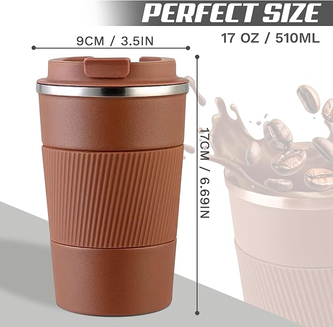 SPLMIFA Vacuum-Insulated Stainless Steel Travel Coffee Mug, Leak-Proof Reusable Coffee Cup with Lid -Keep Hot & Cold Drinks for Hours, Durable Insulated Tumbler for Men & Women(3rd-Light Coffee, 17OZ)