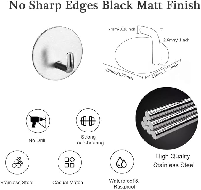 8 Pack Silver Adhesive Wall Hooks, Towel Hooks for Bathrooms, Sticky Hooks for Hanging, Stick-on Wall Mount for Bathroom Kitchen Bedroom No Drill